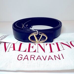 NWT Valentino Garavani Bold Edition V Logo Black Calfskin Leather Belt, Sz 80/32